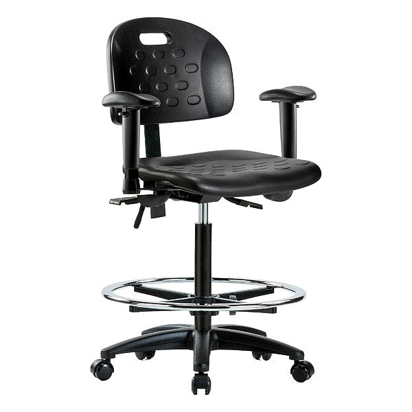 Blue Ridge Ergonomics HPHBCH-RG-T0-A1-CF-RC-BLK Newport Industrial Polyurethane Chair - High Bench Height with Adjustable Arms, Chrome Foot Ring, & Casters in Black Polyurethane