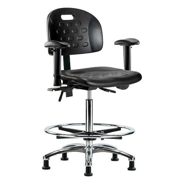 Blue Ridge Ergonomics HPHBCH-CR-T1-A1-CF-RG-BLK Newport Industrial Polyurethane Chair Chrome - High Bench Height with Seat Tilt, Adjustable Arms, Chrome Foot Ring, & Stationary Glides in Black Polyurethane