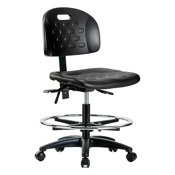 Blue Ridge Ergonomics HPMBCH-RG-T1-A0-CF-RC-BLK Newport Industrial Polyurethane Chair - Medium Bench Height with Seat Tilt, Chrome Foot Ring, & Casters in Black Polyurethane
