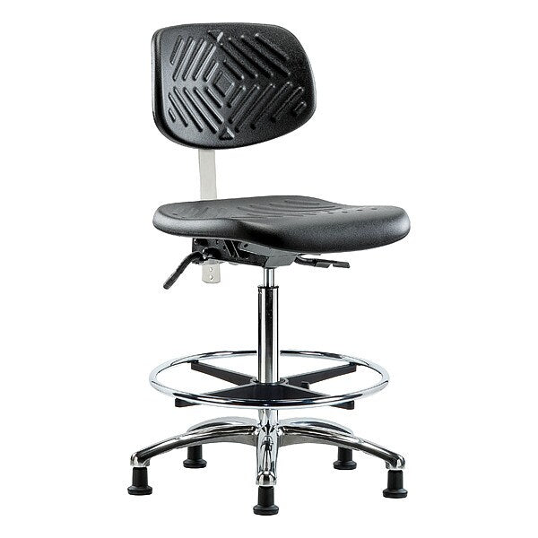 Blue Ridge Ergonomics NCR-PHBCH-CR-T0-A0-CF-RG-BLK Class 10 Polyurethane Clean Room Chair - High Bench Height with Chrome Foot Ring & Stationary Glides in Black Polyurethane