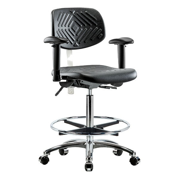Blue Ridge Ergonomics NCR-PHBCH-CR-T1-A1-CF-CC-BLK Class 100 Polyurethane Clean Room Chair - High Bench Height with Seat Tilt, Adjustable Arms, Chrome Foot Ring, & Casters in Black Polyurethane