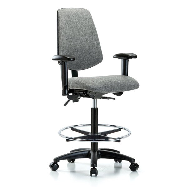 Blue Ridge Ergonomics FHBCH-MB-RG-T1-A1-CF-RC-F44 Rutledge Fabric Chair - High Bench Height with Medium Back, Seat Tilt, Adjustable Arms, Chrome Foot Ring, & Casters in Gray Fabric