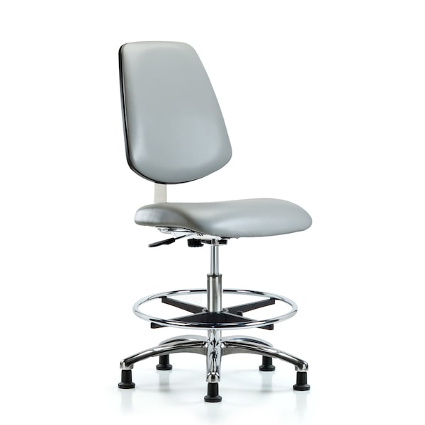 Blue Ridge Ergonomics CLR-VMBCH-MB-CR-CF-RG-8567 Class 10 Clean Room Vinyl Chair Chrome - Medium Bench Height with Medium Back, Chrome Foot Ring, & Stationary Glides in Dove Trailblazer™ Vinyl