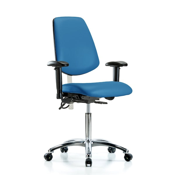 Blue Ridge Ergonomics NECR-VMBCH-MB-CR-T1-A1-NF-EC-ESDBLU Class 100 Vinyl Clean Room/ESD Chair - Medium Bench Height with Medium Back, Seat Tilt, Adjustable Arms, & ESD Casters in Blue ESD Vinyl