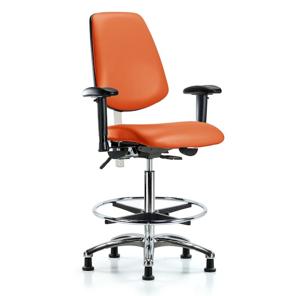 Blue Ridge Ergonomics NCR-VHBCH-MB-CR-T1-A1-CF-RG-8613 CL100 Vinyl Clean Room Chair - High Bench Height with Medium Back, Seat Tilt, Adj Arms, Chrome Foot Ring, & Stationary Glides in Orange Kist Trailblazer™ Vinyl