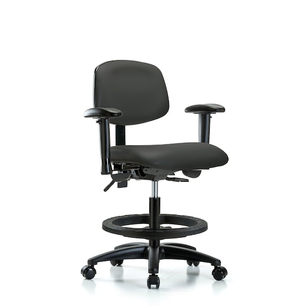 Blue Ridge Ergonomics VMBCH-RG-T1-A1-BF-RC-8605 Rutledge Vinyl Chair - Medium Bench Height with Seat Tilt, Adjustable Arms, Black Foot Ring, & Casters in Charcoal Trailblazer™ Vinyl