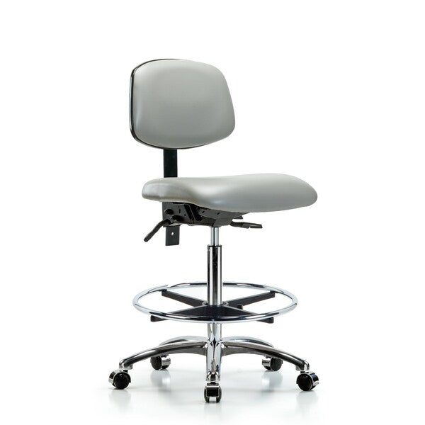 Blue Ridge Ergonomics VHBCH-CR-T1-A0-CF-CC-8567 Rutledge Vinyl Chair Chrome - High Bench Height with Seat Tilt, Chrome Foot Ring, & Casters in Dove Trailblazer™ Vinyl