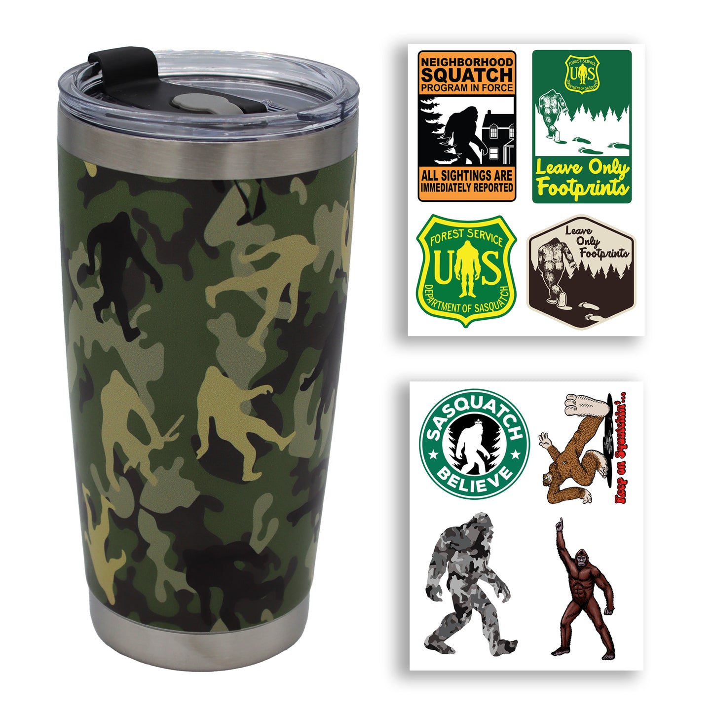 Paradise Clay TMB001 Squatch Metalworks - Green Camo - Stainless-Steel Tumbler with Lid