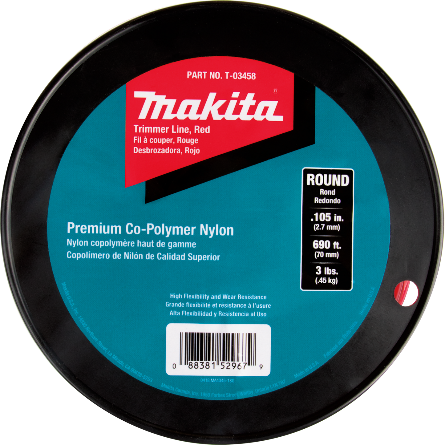 Makita T-03458 Round Trimmer Line, 0.105, Red, 690™, 3 lbs.