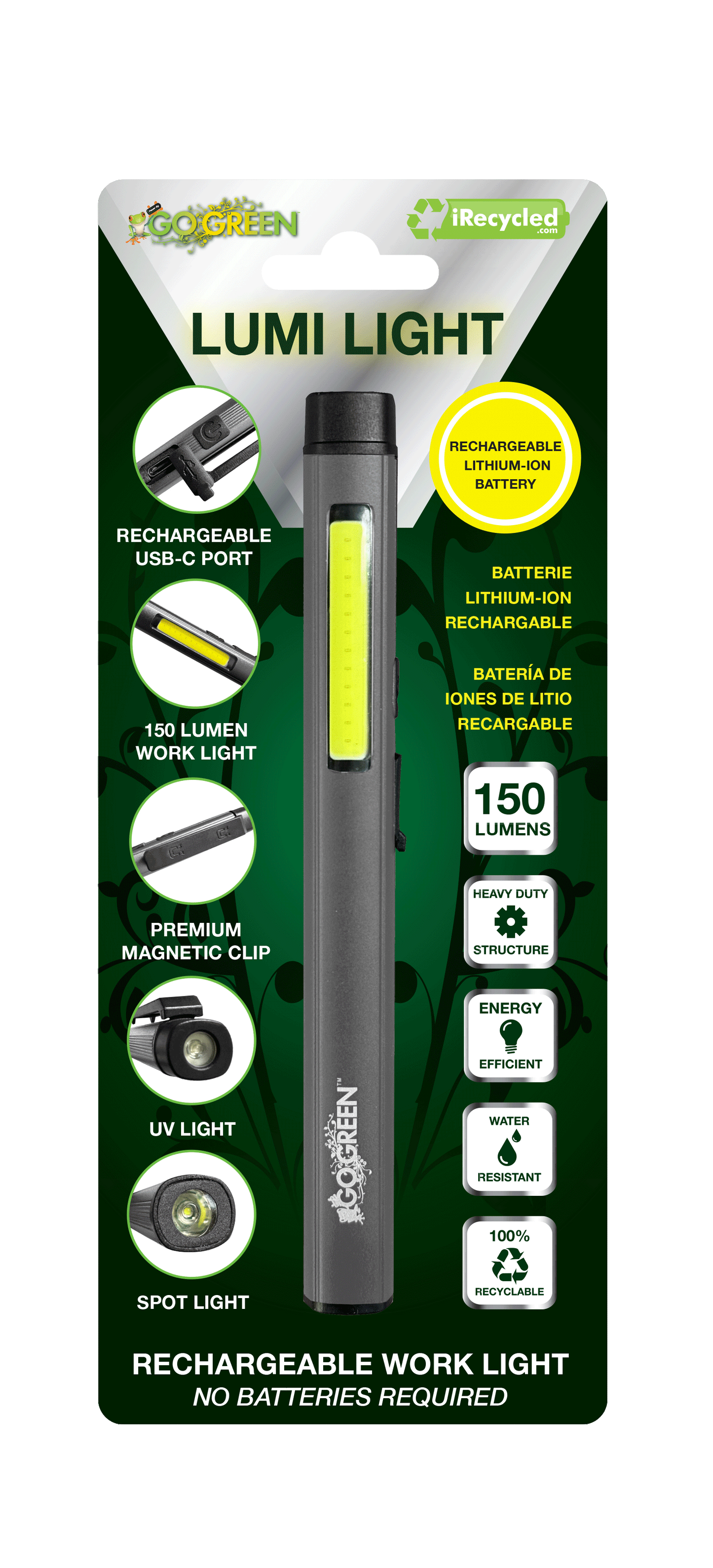 GoGreen Power GG-LUMI-SV LUMI FLASHLIGHT, 150 Lumens, Rechargeable Lithium-ion Battery w/Power Indicator