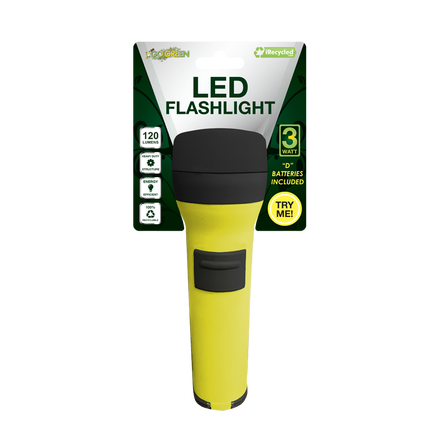 GoGreen Power GG-YB120 2D Flashlight, 180 Lumens, Yellow/Black, Rubber Coated, 2 D Batteries Included.