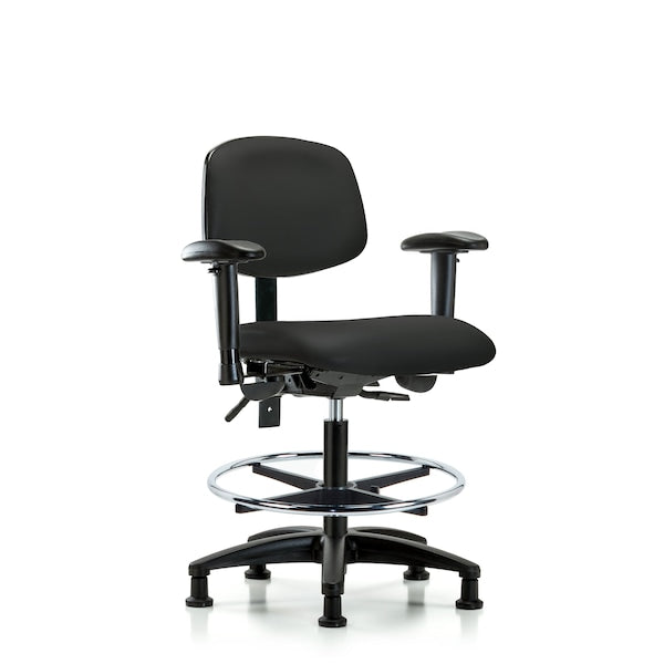 Blue Ridge Ergonomics VMBCH-RG-T0-A1-CF-RG-8540 Rutledge Vinyl Chair - Medium Bench Height with Adjustable Arms, Chrome Foot Ring, & Stationary Glides in Black Trailblazer™ Vinyl