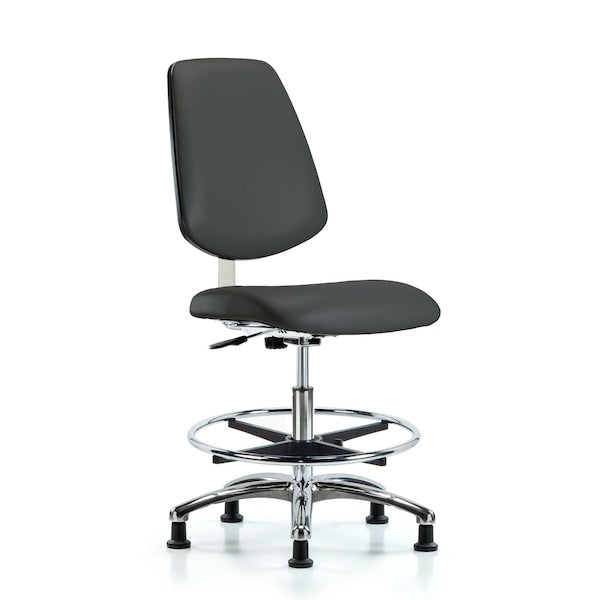 Blue Ridge Ergonomics CLR-VMBCH-MB-CR-CF-RG-8605 Class 10 Clean Room Vinyl Chair Chrome - Medium Bench Height with Medium Back, Chrome Foot Ring, & Stationary Glides in Charcoal Trailblazer™ Vinyl