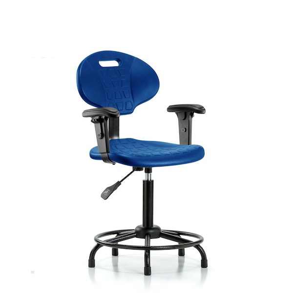 Blue Ridge Ergonomics TPMBCH-RT-A1-RG-BLU Erie Polyurethane Chair - Medium Bench Height with Adjustable Arms, Round Tube Base & Stationary Glides in Blue Polyurethane