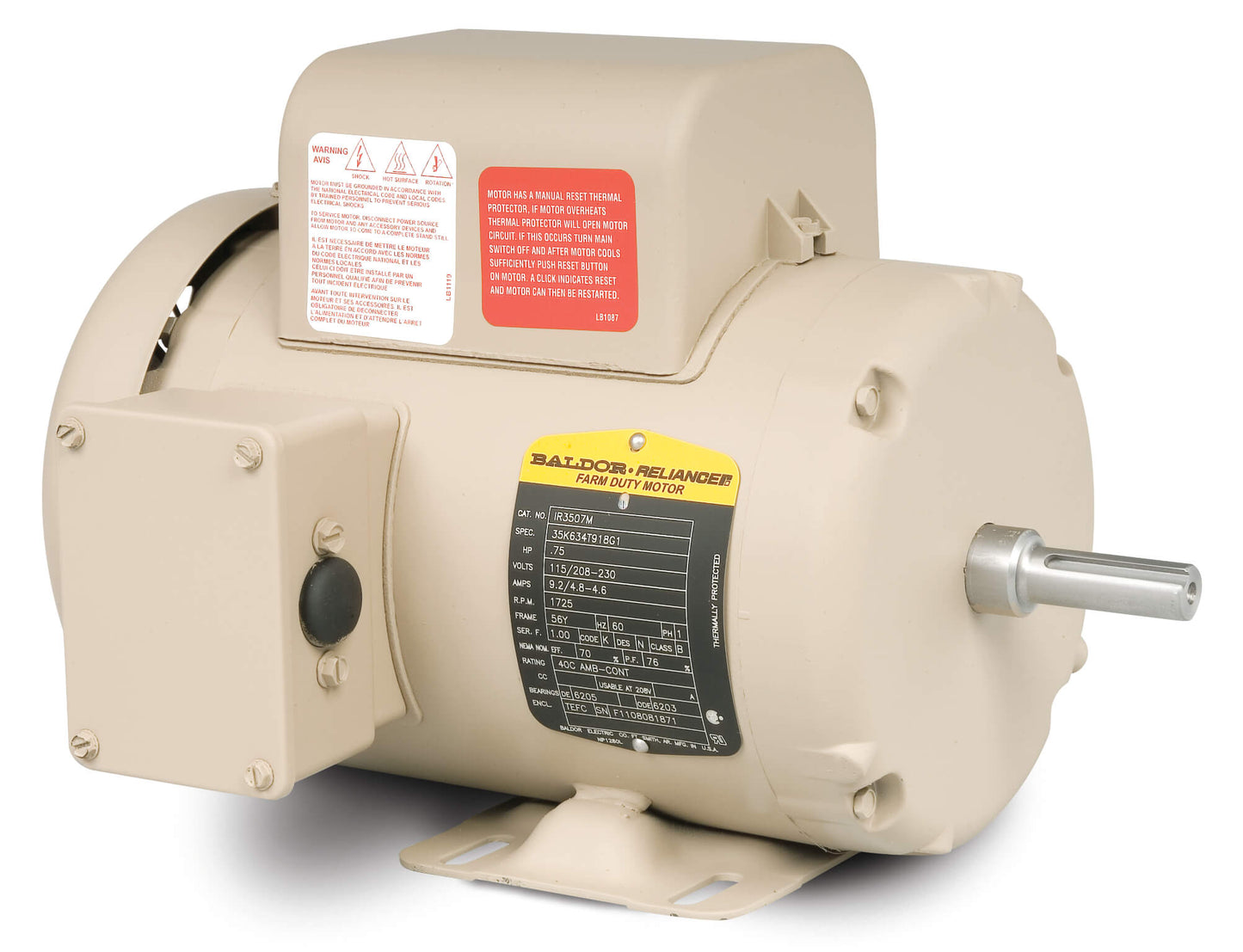 Baldor IR3507M .75HP, 1725RPM, 1PH, 60HZ, 56, 3524L, TEFC, F1
