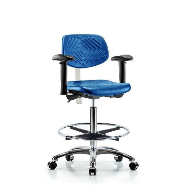 Blue Ridge Ergonomics NCR-PHBCH-CR-T1-A0-CF-CC-BLU Class 100 Polyurethane Clean Room Chair - High Bench Height with Seat Tilt, Chrome Foot Ring, & Casters in Blue Polyurethane