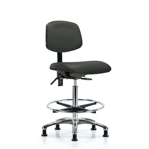 Blue Ridge Ergonomics VHBCH-CR-T1-A0-CF-RG-8605 Rutledge Vinyl Chair Chrome - High Bench Height with Seat Tilt, Chrome Foot Ring, & Stationary Glides in Charcoal Trailblazer™ Vinyl