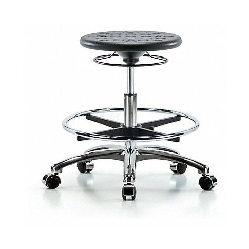 Blue Ridge Ergonomics IPMBSO-CR-CF-CC-BLK Huron Polyurethane Stool Chrome - Medium Bench Height with Chrome Foot Ring and Casters in Black Polyurethane