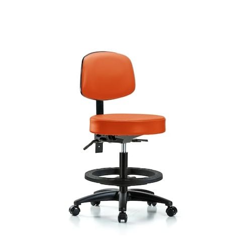 Blue Ridge Ergonomics VMBST-RG-T1-BF-RC-8613 Rutledge Vinyl Stool with Back - Medium Bench Height with Seat Tilt, Black Foot Ring, & Casters in Orange Kist Trailblazer™ Vinyl