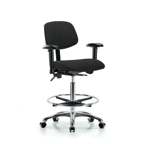 Blue Ridge Ergonomics FHBCH-CR-T0-A1-CF-CC-F42 Rutledge Fabric Chair Chrome - High Bench Height with Adjustable Arms, Chrome Foot Ring, & Casters in Black Fabric