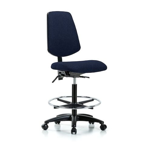 Blue Ridge Ergonomics FHBCH-MB-RG-T1-A0-CF-RC-F45 Rutledge Fabric Chair - High Bench Height with Medium Back, Seat Tilt, Chrome Foot Ring, & Casters in Navy Fabric