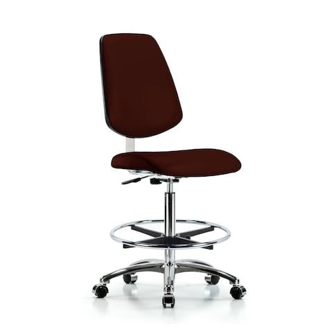 Blue Ridge Ergonomics CLR-VHBCH-MB-CR-CF-CC-8569 Class 10 Clean Room Vinyl Chair Chrome - High Bench Height with Medium Back, Chrome Foot Ring, & Casters in Burgundy Trailblazer™ Vinyl