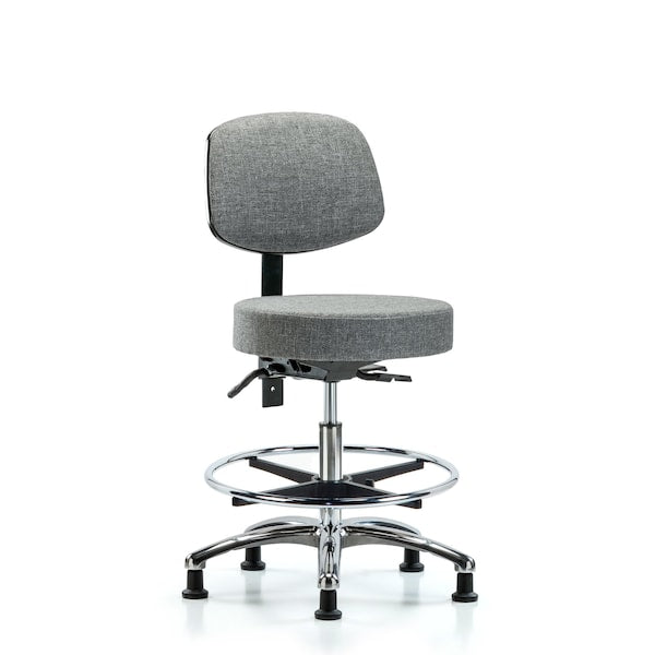 Blue Ridge Ergonomics FMBST-CR-T0-CF-RG-F44 Rutledge Fabric Stool with Back Chrome - Medium Bench Height with Chrome Foot Ring & Stationary Glides in Gray Fabric