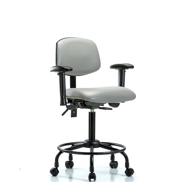 Blue Ridge Ergonomics VMBCH-MB-RT-T1-A1-RC-8567 Rutledge Vinyl Chair - Medium Bench Height with Round Tube Base, Medium Back, Seat Tilt, Adjustable Arms, & Casters in Dove Trailblazer™ Vinyl