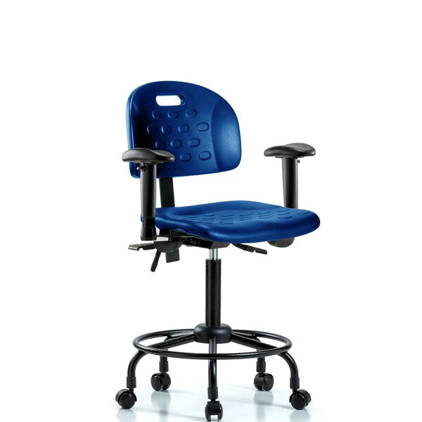 Blue Ridge Ergonomics HPMBCH-RT-T1-A1-RC-BLU Newport Industrial Polyurethane Chair with Round Tube Base - Medium Bench Height with Seat Tilt, Adjustable Arms, & Casters in Blue Polyurethane