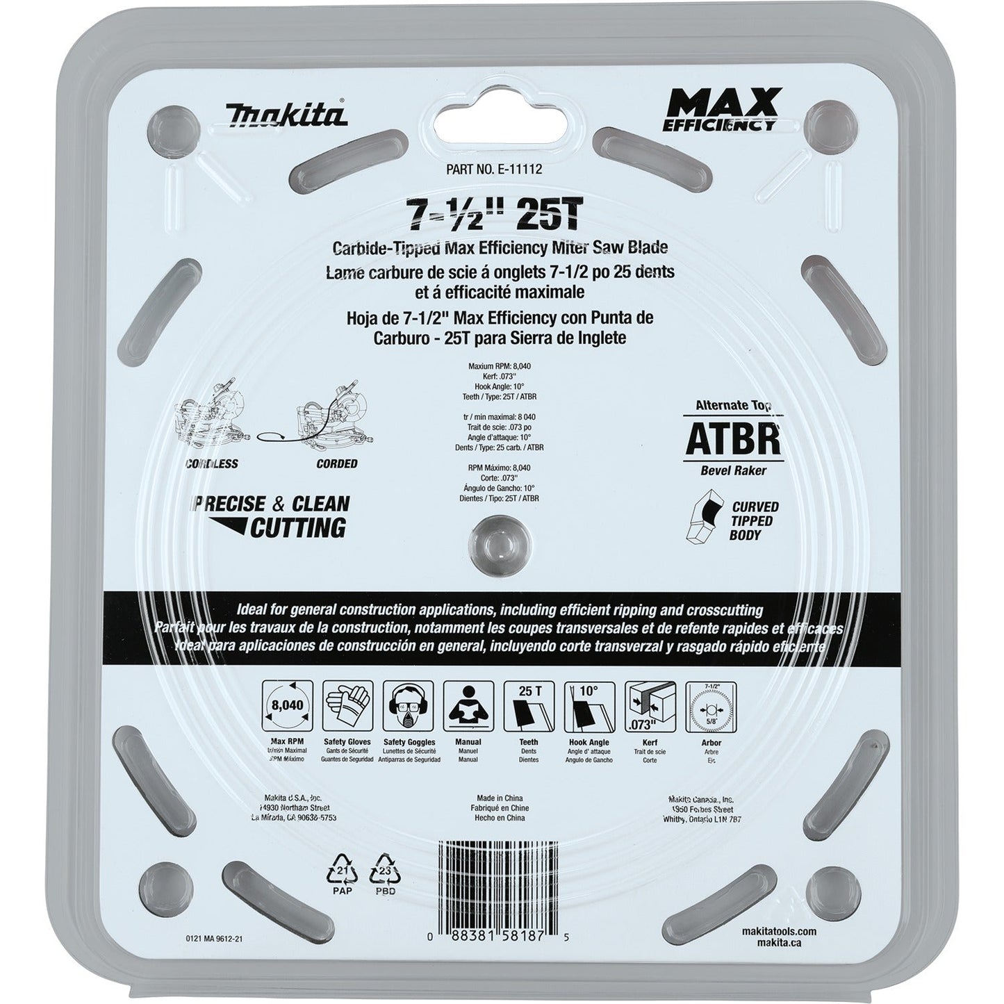 Makita E-11112 7‘1/2" 25T Carbide‘Tipped Max Efficiency Miter Saw Blade