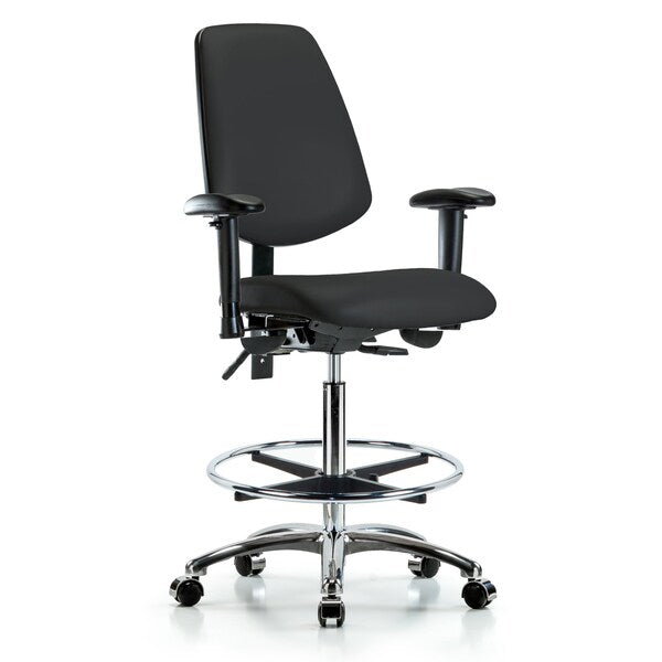Blue Ridge Ergonomics VHBCH-MB-CR-T0-A1-CF-CC-8540 Rutledge Vinyl Chair Chrome - High Bench Height with Medium Back, Adjustable Arms, Chrome Foot Ring, & Casters in Black Trailblazer™ Vinyl