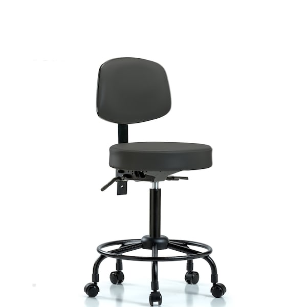 Blue Ridge Ergonomics VMBST-RT-T1-RC-8605 Rutledge Vinyl Stool with Back - Medium Bench Height with Round Tube Base, Seat Tilt, & Casters in Charcoal Trailblazer™ Vinyl