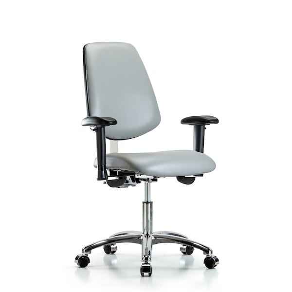 Blue Ridge Ergonomics NCR-VDHCH-MB-CR-T1-A1-CC-8567 Class 100 Vinyl Clean Room Chair - Desk Height with Medium Back, Seat Tilt, Adjustable Arms, & Casters in Dove Trailblazer™ Vinyl