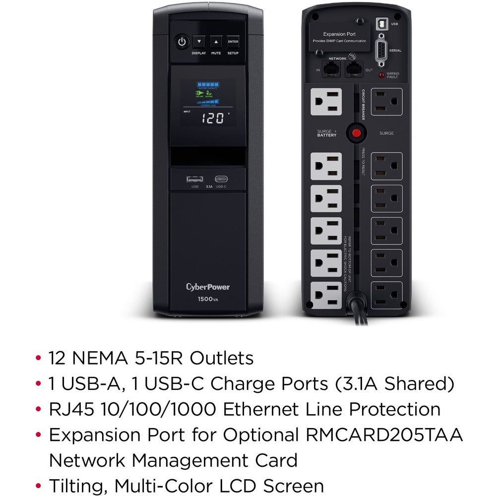 CyberPower TAA Compliant CP1500PFCLCDTAA UPS 1500VA 900W PFC Compatible Pure Sine Wave - 1500VA/900W - Tower - 2 Minute Full Load - 10 x NEMA 5-15R