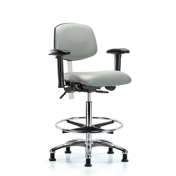 Blue Ridge Ergonomics NCR-VHBCH-CR-T1-A1-CF-RG-8567 Class 100 Vinyl Clean Room Chair - High Bench Height with Seat Tilt, Adjustable Arms, Chrome Foot Ring, & Stationary Glides in Dove Trailblazer™ Vinyl