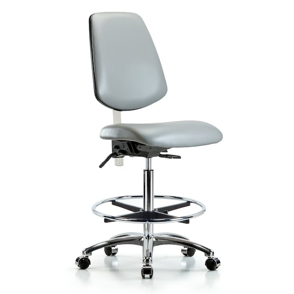 Blue Ridge Ergonomics NCR-VHBCH-MB-CR-T1-A0-CF-CC-8567 Class 100 Vinyl Clean Room Chair - High Bench Height with Medium Back, Seat Tilt, Chrome Foot Ring, & Casters in Dove Trailblazer™ Vinyl