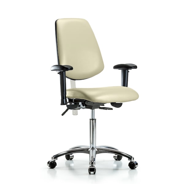 Blue Ridge Ergonomics NCR-VMBCH-MB-CR-T0-A1-NF-CC-8501 Class 100 Vinyl Clean Room Chair - Medium Bench Height with Medium Back, Adjustable Arms, & Casters in Adobe White Trailblazer™ Vinyl