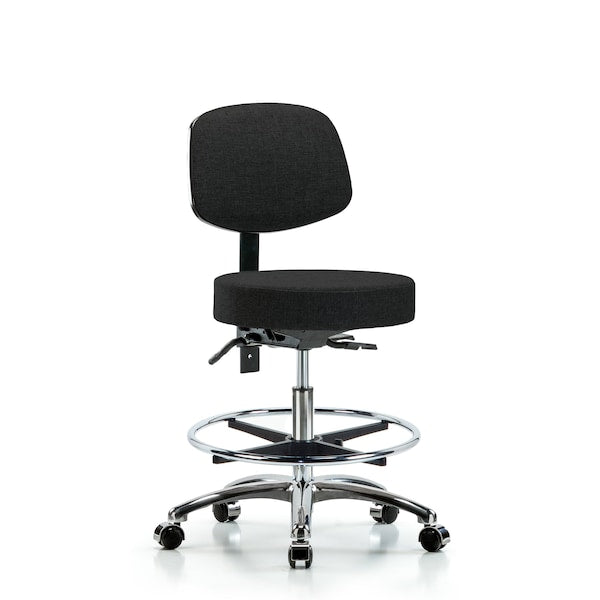 Blue Ridge Ergonomics FMBST-CR-T0-CF-CC-F42 Rutledge Fabric Stool with Back Chrome - Medium Bench Height with Chrome Foot Ring & Casters in Black Fabric