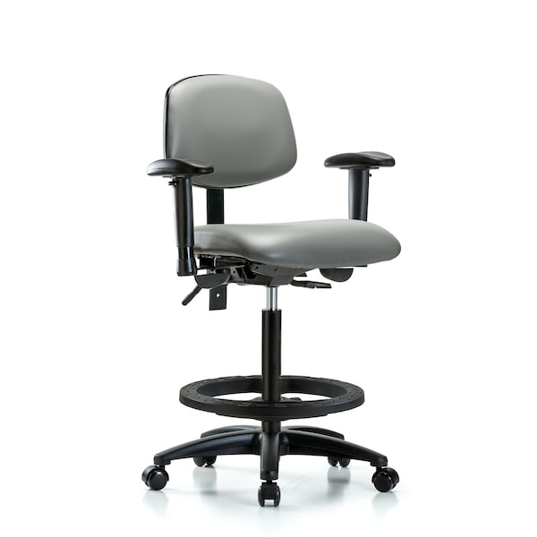 Blue Ridge Ergonomics VHBCH-RG-T0-A1-BF-RC-8840 Rutledge Vinyl Chair - High Bench Height with Adjustable Arms, Black Foot Ring, & Casters in Sterling Supernova™ Vinyl