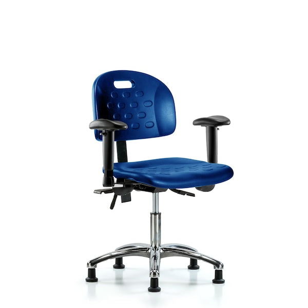 Blue Ridge Ergonomics HPDHCH-CR-T0-A1-RG-BLU Newport Industrial Polyurethane Chair Chrome - Desk Height with Adjustable Arms & Stationary Glides in Blue Polyurethane