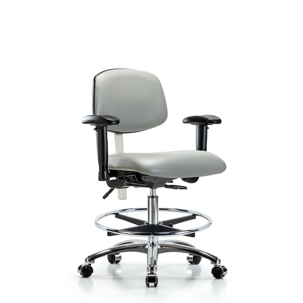 Blue Ridge Ergonomics NCR-VMBCH-CR-T1-A1-CF-CC-8567 Class 100 Vinyl Clean Room Chair - Medium Bench Height with Seat Tilt, Adjustable Arms, Chrome Foot Ring, & Casters in Dove Trailblazer™ Vinyl