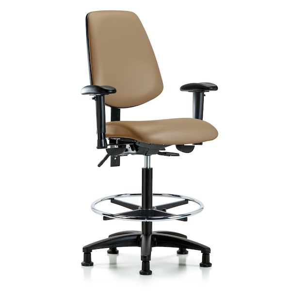 Blue Ridge Ergonomics VHBCH-MB-RG-T0-A1-CF-RG-8584 Rutledge Vinyl Chair - High Bench Height with Medium Back, Adjustable Arms, Chrome Foot Ring, & Stationary Glides in Taupe Trailblazer™ Vinyl