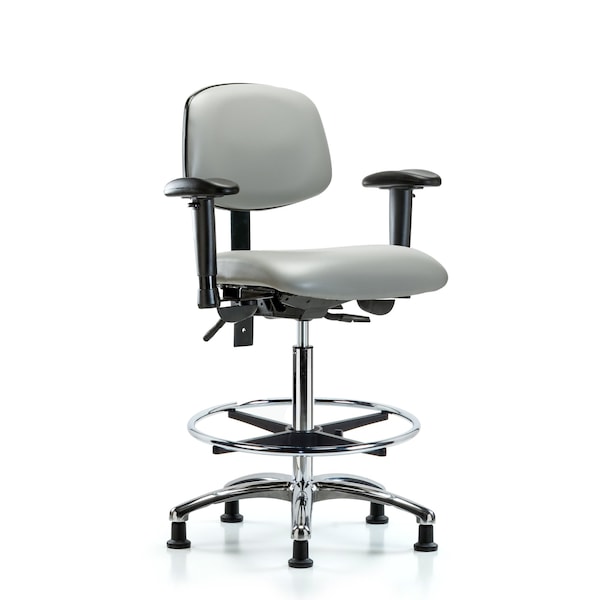 Blue Ridge Ergonomics VHBCH-CR-T0-A1-CF-RG-8567 Rutledge Vinyl Chair Chrome - High Bench Height with Adjustable Arms, Chrome Foot Ring, & Stationary Glides in Dove Trailblazer™ Vinyl