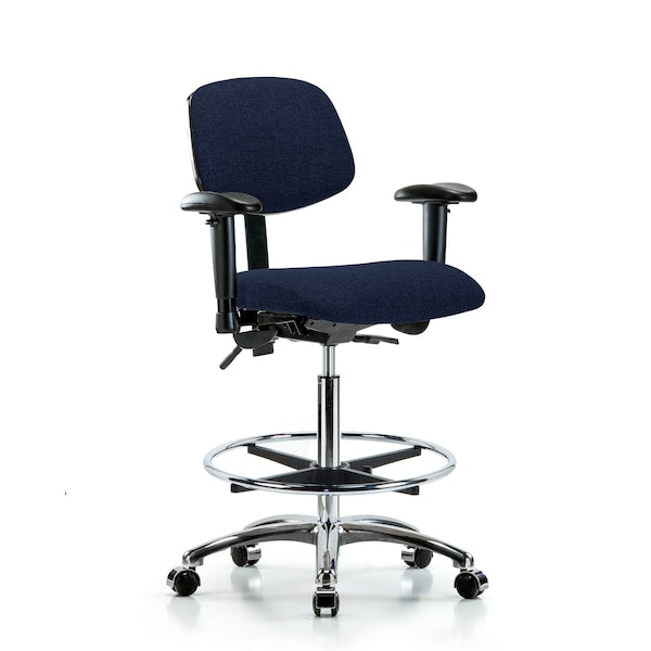 Blue Ridge Ergonomics FHBCH-CR-T1-A1-CF-CC-F45 Rutledge Fabric Chair Chrome - High Bench Height with Seat Tilt, Adjustable Arms, Chrome Foot Ring, & Casters in Navy Fabric