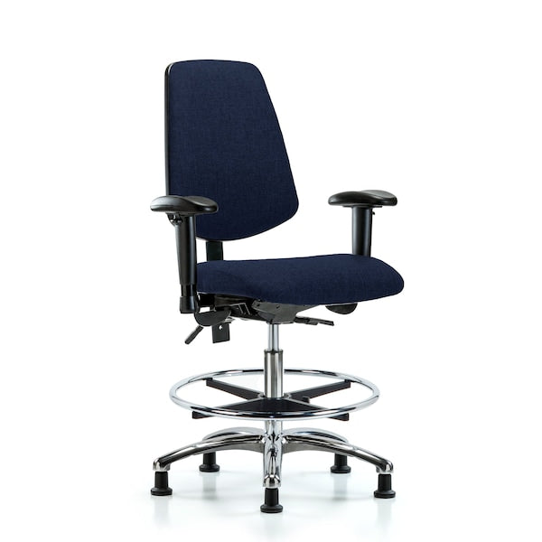 Blue Ridge Ergonomics FMBCH-MB-CR-T1-A1-CF-RG-F45 Rutledge Fabric Chair Chrome - Medium Bench Height with Medium Back, Seat Tilt, Adjustable Arms, Chrome Foot Ring, & Stationary Glides in Navy Fabric