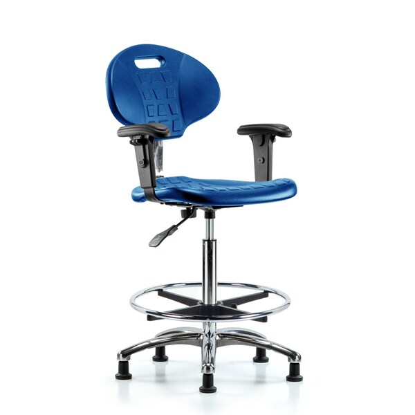Blue Ridge Ergonomics CLR-TPHBCH-CR-A1-CF-RG-BLU Class 100 Erie Polyurethane Clean Room Chair - High Bench Height with Adjustable Arms, Chrome Foot Ring & Stationary Glides in Blue Polyurethane