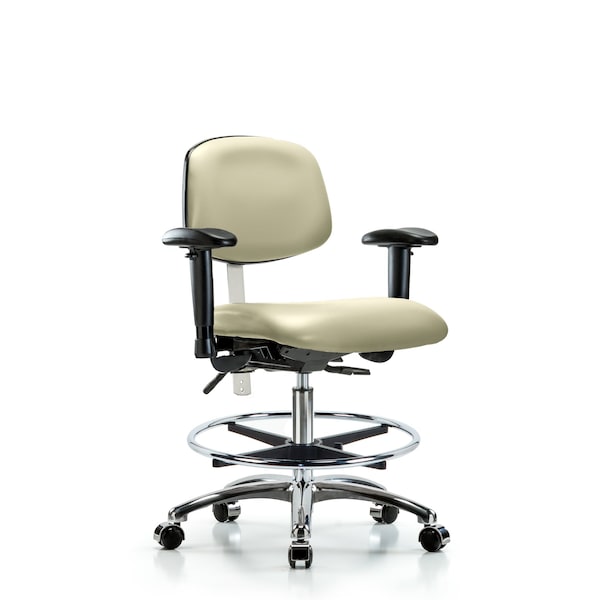Blue Ridge Ergonomics NCR-VMBCH-CR-T1-A1-CF-CC-8501 Class 100 Vinyl Clean Room Chair - Medium Bench Height with Seat Tilt, Adjustable Arms, Chrome Foot Ring, & Casters in Adobe White Trailblazer™ Vinyl