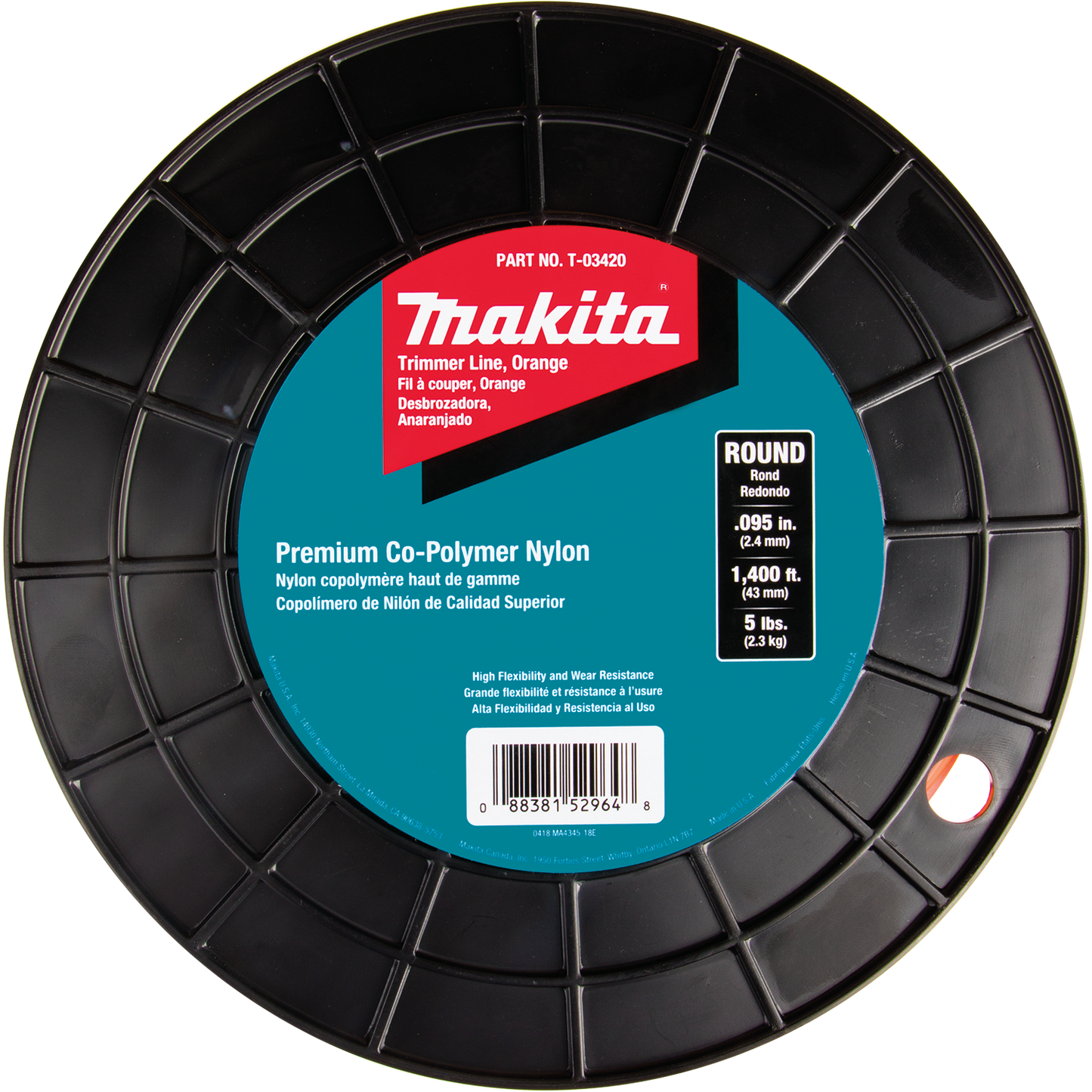 Makita T-03420 Round Trimmer Line, 0.095, Orange, 1,400™, 5 lbs.
