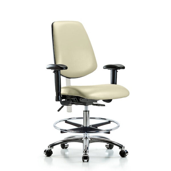Blue Ridge Ergonomics NCR-VMBCH-MB-CR-T1-A1-CF-CC-8501 CL100 Vinyl Clean Room Chair - Medium Bench Height with Medium Back, Seat Tilt, Adjustable Arms, Chrome Foot Ring, & Casters in Adobe White Trailblazer™ Vinyl
