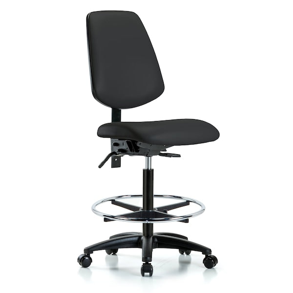 Blue Ridge Ergonomics VHBCH-RG-T1-A0-BF-RC-8540 Rutledge Vinyl Chair - High Bench Height with Seat Tilt, Black Foot Ring, & Casters in Black Trailblazer™ Vinyl